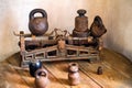 Old retro scales with weights, close-up Royalty Free Stock Photo