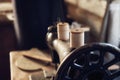 Old sewing machine and wooden sewing layouts Royalty Free Stock Photo
