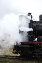 an old retro steam locomotive black with red rides and steam comes out of the pipes. for introductory instructions books