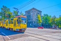 Old retro styled tram on Dmytro Yavornytsky Avenue, on August 24 in Dnipro Royalty Free Stock Photo