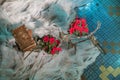 Old retro tandem bicycle and christmas decors, red flowers. Travel photo 2018. december