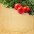 Old retro torn blank recipe book with photo of tomato