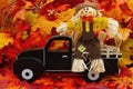 Old retro truck with fall leaves and a scarecrow