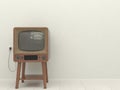 Old retro TV in the interior of a living room on a background of a white plastered wall. Copy space. 3D illustration. Royalty Free Stock Photo