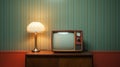 old retro TV and vintage electric lamp by wall, television set and old-fashioned furniture Royalty Free Stock Photo