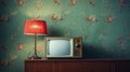 old retro TV and vintage electric lamp by wall, television set and old-fashioned furniture Royalty Free Stock Photo