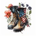 Old Retro Veteran Boots with American Flag, Flowers, Florals, Isolated on White Background - Generative AI