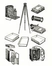 Old retro vintage art deco plate large format analogue camera equipment drawing
