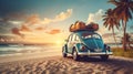 old retro vintage car at sunny beach with palm trees and sea, travel and adventure concept, road trip to ocean Royalty Free Stock Photo