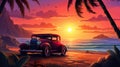 old retro vintage car at sunny beach with palm trees and sea, travel and adventure concept, road trip to ocean Royalty Free Stock Photo