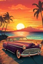 old retro vintage car at sunny beach with palm trees and sea, travel and adventure concept, road trip to ocean Royalty Free Stock Photo