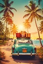 old retro vintage car at sunny beach with palm trees and sea, travel and adventure concept, road trip to ocean Royalty Free Stock Photo