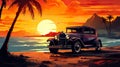 old retro vintage car at sunny beach with palm trees and sea, travel and adventure concept, road trip to ocean Royalty Free Stock Photo