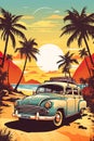 old retro vintage car at sunny beach with palm trees and sea, travel and adventure concept, road trip to ocean Royalty Free Stock Photo