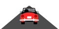 Old retro and vintage red car, auto and vehicle is moving and riding on straight road