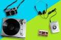 Old retro Vinyl record player or turntable, Portable tape player with radio and cassette tape and Headphone Royalty Free Stock Photo