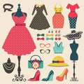 Old retro woman fashion clothes and accessories flat icon design (vector) Royalty Free Stock Photo