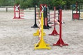 Old retro wooden barriers on the ground for jumping horses and riders Royalty Free Stock Photo