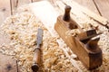 Old retro wooden planer in a workshop