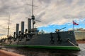 Old revolutionary Aurora cruiser, the symbol of the October revolution, currently preserved as a museum ship on the Neva river Royalty Free Stock Photo