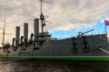 Old revolutionary Aurora cruiser, symbol of the October revolution, currently preserved as a museum ship on the Neva river Royalty Free Stock Photo