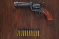 Old revolver with cartridges and U.S. Army soldier& x27;s belt with a buckle