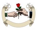 Old ribbon banner, hands of man and woman with red rose