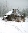 An old crumbling hut in the winter forest Royalty Free Stock Photo