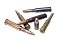 Old rifle cartridges and one pistol patron Royalty Free Stock Photo