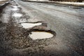 Old road. Concept highway in huge pits and potholes cloudy wea