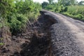 Old road. Concept road in huge pits. Symbol of hard way. Massive Cracks in road after Earthquake Royalty Free Stock Photo