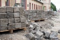 Old road granite blocks, cubes stacked together