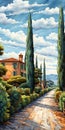 Tuscan Countryside Street By Oil Painting With Cypress Trees And Blue Sky Royalty Free Stock Photo
