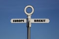 Old road sign with europe and brexit pointing in opposite directions