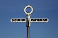 Old road sign with socialism and capitalism pointing in opposite directions Royalty Free Stock Photo