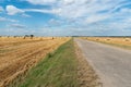 An old road between two rural fields. Agricultural field with wheat and beets. Bales of hay in a field under a beautiful blue sky Royalty Free Stock Photo