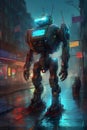 Old robot with hanging cables in night city AI generative illustration. AI generating Royalty Free Stock Photo