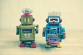 Old robot toy on wood table Royalty Free Stock Photo