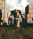 An old Robot walking in abandoned city Royalty Free Stock Photo