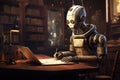 Old robot working on a laptop in a dark room. Artificial intelligence concept, A robot author writing on a notepad in an old