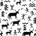 Cave paintings vector seamless pattern, black and white repetitive background inspired by prehistoric art with cavemen hunting ani