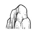 Old rock. Piece of cliff. In style of contour engraving. Outline sketch. Hand drawing is isolated on white background