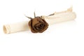 Old rolled paper with rose flower isolated on white Royalty Free Stock Photo