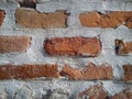 Old roman brick. The restored wall of the building of the Roman conquerors. Warm brown-red shades of uneven bricks. Archaeological