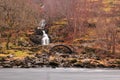 Scottish highlands,Glen Lyon old roman rustic stone footbridge with waterfall cascading behind Royalty Free Stock Photo