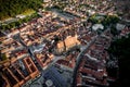 The old Romanian city of Brasov, the center of Transylvania. Top view from a quadrocopter