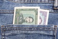 Old Romanian Leu in the pocket of blue jeans Royalty Free Stock Photo