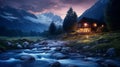 Old romantic illuminated wooden cabin in the mountains by a wild stream torrent at dusk.