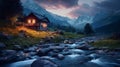 Old romantic illuminated wooden cabin in the mountains by a wild stream torrent at dusk.