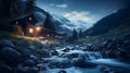 Old romantic illuminated wooden cabin in the mountains by a wild stream torrent at dusk.